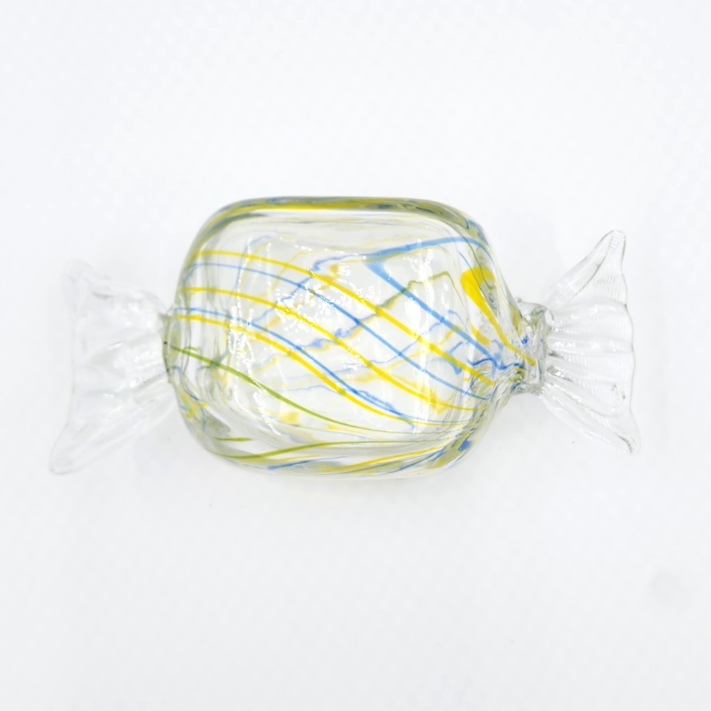 Vintage Murano Style Hand Blown Glass Candy Paperweight Blue Yellow Swirl